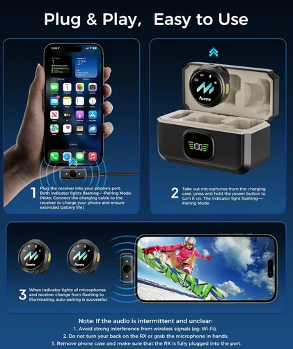Vista 10 de Micrófono Lavalier inalámbrico para teléfonos iPhone y Android, micrófono de solapa con clip AI Noise Reduction & Hi-Fi Audio & 24H Working Time &