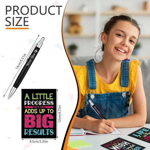 Vista 2 de Yeaqee Juego de 72 Piezas de Bolígrafos Motivacionales y Blocs de Notas, Bolígrafo de Punta de Bola con Citas Inspiradoras, Cuaderno Pequeño, Mini