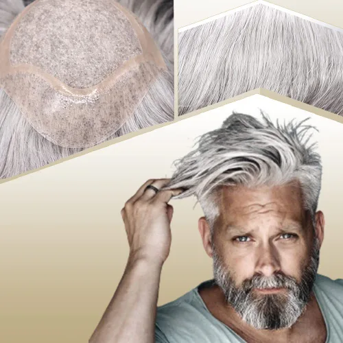 Vista 9 de Sistema de reemplazo de cabello humano para hombre, tupé para hombre, piel fina con parte superior de encaje mono y la parte trasera de poliuretano