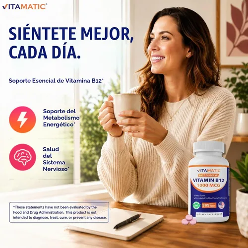 Vista 8 de Vitamatic Vitamina B12 1000 mcg de disolución rápida - 365 tabletas - Sabor natural de bayas - Apoya el metabolismo energético y la salud