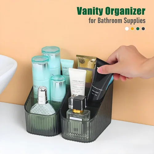 Vista 5 de Organizador de brochas de maquillaje ámbar para tocador, organizador de encimera de baño, 5 tazas, almacenamiento y exhibición de artículos