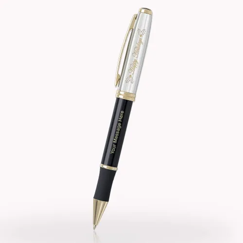 Vista 11 de 1 bolígrafo de metal ejecutivo grabado con láser personalizado en color negro clásico con detalles en tono dorado. Tinta negra.