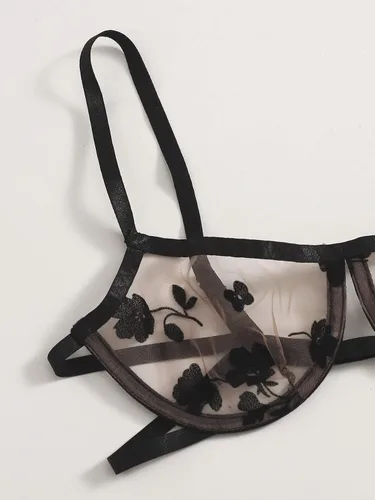 Vista 3 de SheIn Conjunto de lencería de dos piezas con aros de encaje floral para mujer