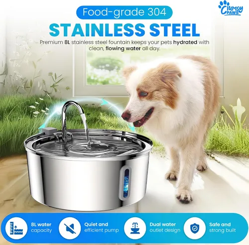 Vista 2 de Fuente de agua para perros de acero inoxidable, dispensador de agua automático grande de 8 litros para gatos, perros y otras mascotas, fuente