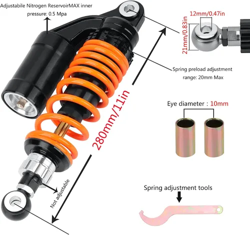 Vista 2 de Amortiguadores universales de motocicleta de 11.024 in, 11 pulgadas, suspensión trasera, 2 unidades, compatibles con Honda CB, Yamaha Gokart