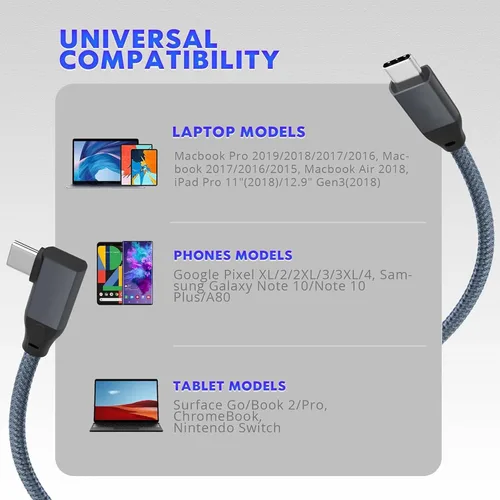 Vista 7 de Cable USB C en ángulo recto de 100 W, 10 pies, 2 unidades, USBC a USBC 3.2