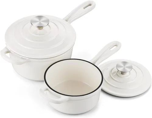 Vista 10 de Onader Sartén de hierro fundido esmaltado, cacerola pequeña de 1 cuarto de galón con tapa, olla de hierro fundido, horno holandés esmaltado, Blanco
