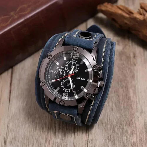 Vista 2 de MINILUJIA Hecho a mano cosido con cuerda de cera para hombre, relojes vintage punk hiphop gótico ancho de cuero genuino brazalete redondo de cuarzo
