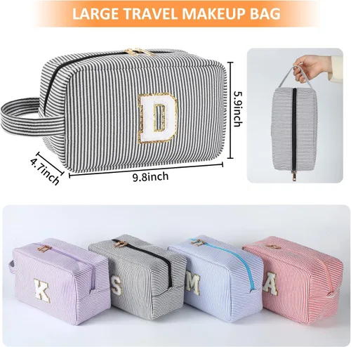 Vista 3 de Bolsa de maquillaje personalizada con inicial A-Z para mujeres, niñas y niños, bolsa de aseo de viaje, bolsa de maquillaje preparada, bolsa