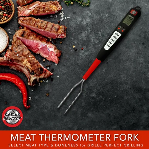 Vista 2 de Grille Perfect horquilla con termómetro digital para carne a la parrilla y asador con alarma que indica que está completa la cocción