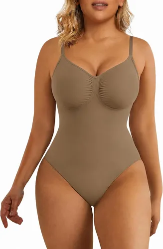Vista 13 de SHAPERX Body de tanga con control de abdomen para mujer, sin costuras, cintura Tanga beige.