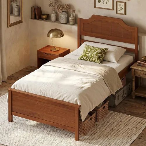 Vista 9 de GIANTEX Twin Size Wooden Bed Frame with Headboard, Wood Slat Support Farmhouse Platform Bed with Heavy Duty Mattress Foundation, Under-Bed