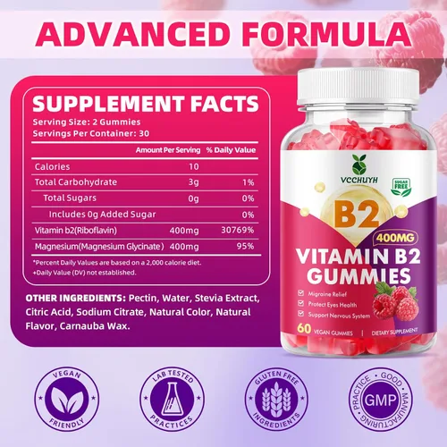Vista 2 de Gomitas de vitamina B2 para niños y adultos, VIT B2 Riboflavina 400 mg Suplemento con magnesio para aliviar la migraña y apoyar el sistema nervioso