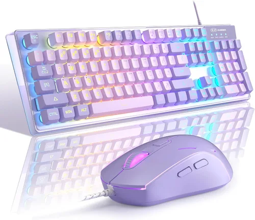 Vista 10 de Combo de teclado y mouse para juegos, teclado con retroiluminación LED RGB K1 con cable con 104 teclas para computadora, PC, teclado