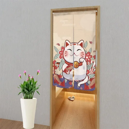 Vista 4 de Lucky Cat Noren - Cortina japonesa Sakura Noren, estilo cortina japonesa para puerta, tapiz de entrada, cortina de puerta de Feng Shui, 33.5 x 59