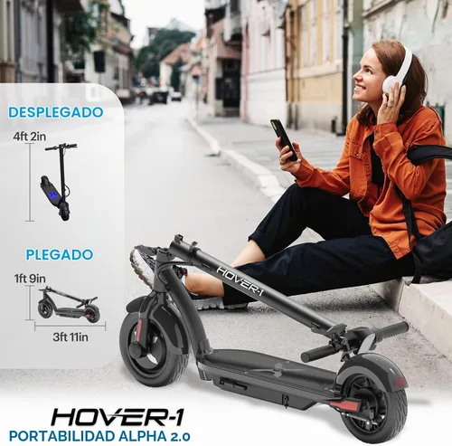Vista 5 de Hover-1 Alpha 2.0 Foldable Electric Scooter with 450W Brushless Motor, 18 mph Max Speed, 10” Air-Filled Tires and 12 Mile Range Negro