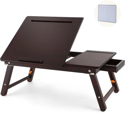 Vista 9 de Mesa para laptop Nnewvante ajustable de bambú, bandeja plegable para servir el desayuno en la cama con cajón superior inclinable
