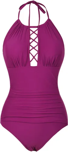 Vista 4 de Firpearl Traje de baño de una pieza para mujer, cuello alto, fruncido, control de abdomen