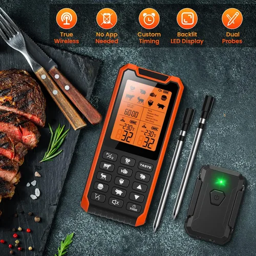 Vista 6 de Termómetro inalámbrico de carne de 300 pies con 2 sondas, recargable, termómetro digital de cocina digital recargable con función de alarma
