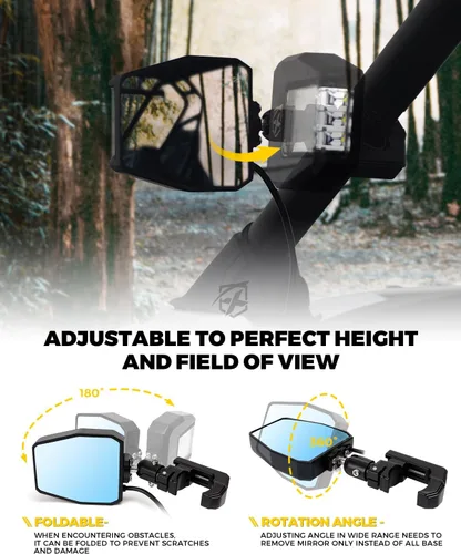 Vista 4 de Xprite UTV Espejos Laterales de Aluminio con Focos LED Lente Transparente Compatible con Barra de Jaula Antivuelco de 1.75"-2" para Pioneer Polaris