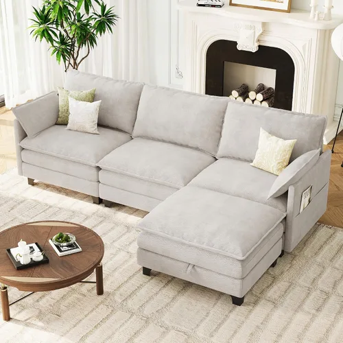 Vista 27 de Sofá modular moderno en forma de L de 106 pulgadas, sofá nube de felpilla con otomana de almacenamiento, sofás de asiento profundo con bolsillo Verde