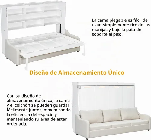 Vista 7 de MERITLINE Cama Murphy horizontal completa con sofá y estantes de almacenamiento, luz LED, madera maciza que ahorra espacio, cama de pared Murphy