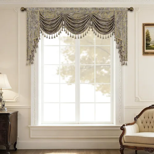 Vista 11 de Loom and Mill Cenefa de cascada de lujo de jacquard para sala de estar, elegantes cenefas de ventana con festones y cuentas damascadas, cortinas