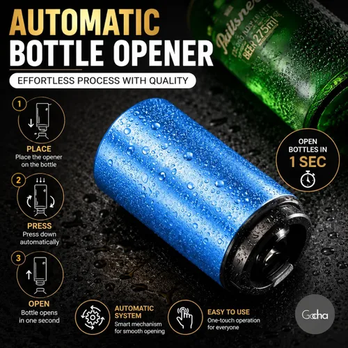 Vista 4 de GOCHA Abridor magnético de botellas de cerveza con receptor automático de tapa – Dispositivo de empuje de acero inoxidable, herramienta de barra