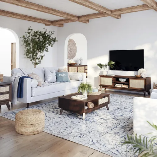 Vista 6 de Bme Mesa de centro moderna de madera maciza con almacenamiento, diseño de ratán acento, perfecta para sala de estar, nogal, mediana