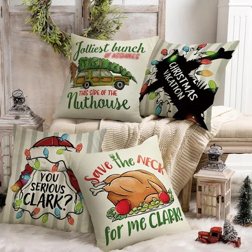 Vista 7 de Selmad Juego de 4 fundas de almohada para vacaciones de Navidad, 16 x 16 pulgadas, funda de cojín iluminada con diseño de Clark de Navidad