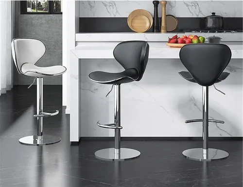 Vista 3 de Juego de 2 taburetes giratorios para mostrador de desayuno, taburete ergonómico con respaldo de barra, altura ajustable, cuero de napa cromado