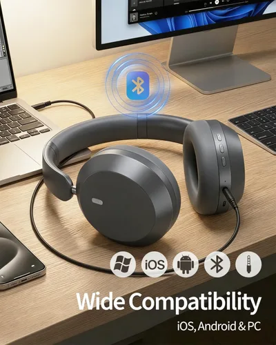 Vista 6 de Wentronic Y05 Wireless Bluetooth Headphone, Noise Cancelling, Grey Wireless Over-Ear Headphones, Hi-Res Audio, 48H Playtime, Built-in Mic, Comfort