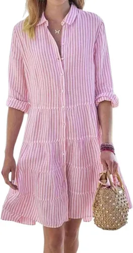 Vista 10 de utcoco Vestido camisero a rayas con botones para mujer, casual, holgado, con puños, manga larga, vestidos largos Azul