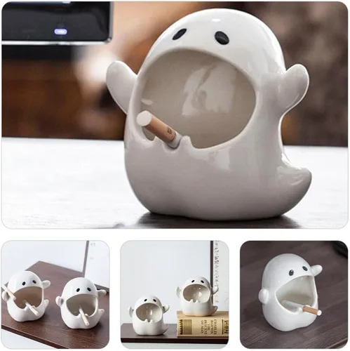 Vista 9 de GANAZONO Cenicero fantasma adorno de cerámica lindo soporte decorativo para fumadores compacto para uso en interiores, decoración de mesa para sala