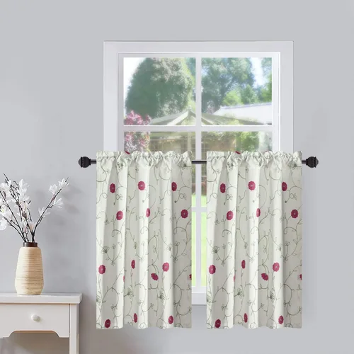 Vista 46 de VOGOL Cortinas de Nivel para Cocina para Ventana, Flores Azules y Enredaderas Bordadas Cortina de 24 Pulgadas de Largo, Cortinas Cortas Tratamiento