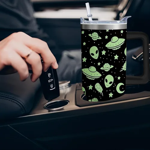 Vista 7 de Vaso térmico de alienígena de 40 onzas con asa y pajita abatible, taza aislante de acero inoxidable para amantes de ovnis, taza de café de viaje