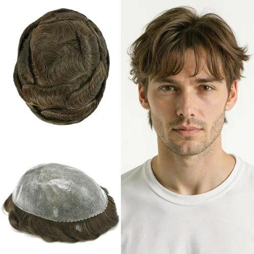 Vista 67 de Toupee for Men Hair Piece Real Human Hair Full Poly Skin Mens Toupee Mens Hair System Injected PU Hair System Invisible Hairpiece for