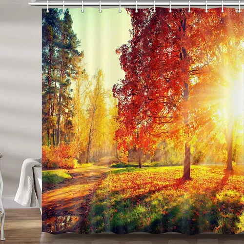 Vista 5 de Cortina de ducha para caravana y caravana, para viajes, remolque, baño, bosque dorado, otoño, camping, pequeño, estrecho, corto, de tela, accesorios