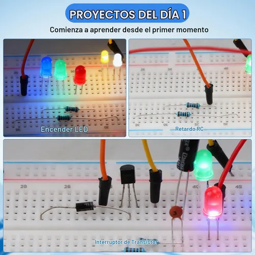 Vista 6 de Kit de 1530 piezas de componentes electrónicos – Set de inicio para laboratorio electrónico 830-Tie Breadboard, resistencias de película metálica