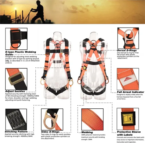 Vista 4 de Kit de arnés de seguridad de protección contra caídas industrial con anillos 3D con doble pierna de 6 pies, cordón elástico con amortiguador