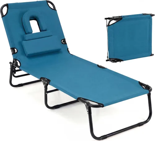 Vista 19 de Giantex Silla bronceadora, silla de patio ajustable con orificio para la cara, almohadas extraíbles, correa de transporte, silla de diseño, silla