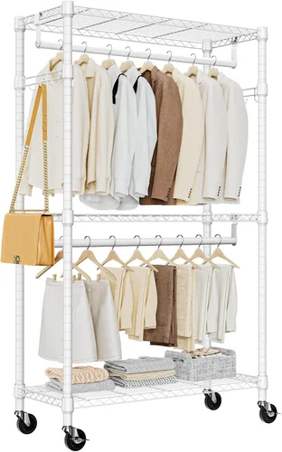 Vista 20 de M MZG Perchero resistente con ruedas de 3 niveles de alambre ajustable con 3 varillas y ganchos laterales, estante de ropa para armario, color Negro