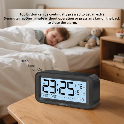 Vista 3 de Reloj despertador digital con luz nocturna, funciona con pilas, con temperatura interior y humedad, reloj pequeño de escritorio, modelo con función