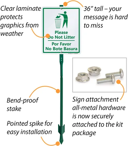 Vista 4 de SmartSign Letrero bilingüe LawnBoss® "Please - Do Not Litter" Letrero de aluminio de 10 x 12 pulgadas con estaca de 3 pies