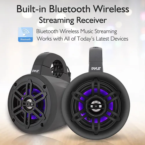 Vista 4 de Pyle Altavoces de torre de wakeboard marinos impermeables – Juego de altavoces de subwoofer dual de 4 pulgadas con luces LED y Bluetooth