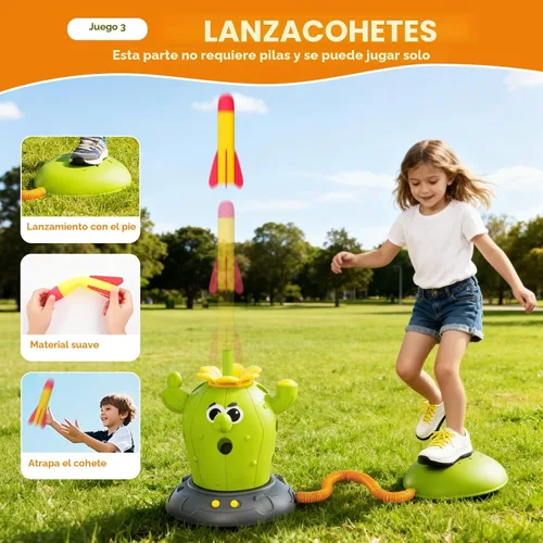 Vista 3 de Cactus 4 en 1 juguetes musicales saltarines, juego de lanzar anillos y lanzador de cohetes pisoteables para niños de 3 a 8 años, juguete deportivo
