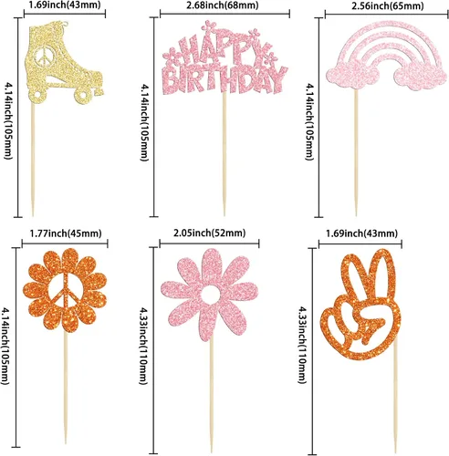 Vista 2 de Gyufise 24 piezas de decoración hippie para cupcakes con purpurina de los años 60, retro, bohemio, flor, sol, paz, mano, dos geniales selecciones