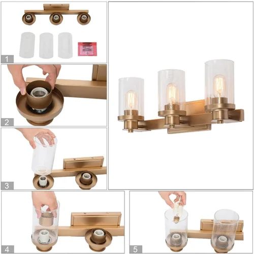 Vista 7 de Durent Lighting Moderna lámpara de baño, tocador de 3 luces con pantalla de vidrio semillado, 20.5 x 7.9 x 6.7 pulgadas, oro satinado, certificado