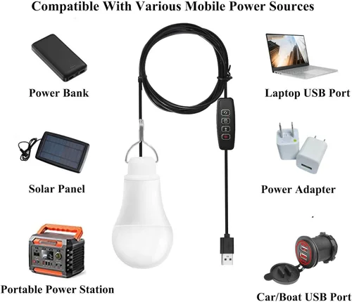 Vista 5 de Paquete de 2 bombillas USB regulables alimentadas por USB de 5 V 7 W, lámpara colgante para exteriores, portátil, para campamento, camión, tienda