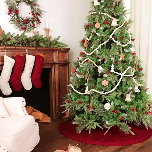 Vista 6 de Falda de árbol de Navidad de 36 pulgadas: falda de árbol de 6 pies, falda de árbol pequeño de punto trenzado color rojo vino, faldas de árbol